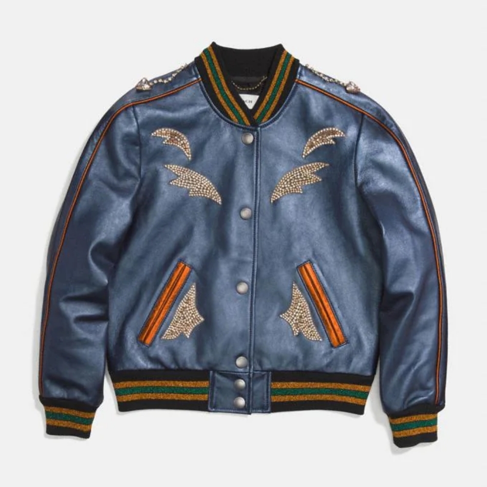 NWT Coach Shrunken Leather Varsity Jacket In Metallic Cadet Blue